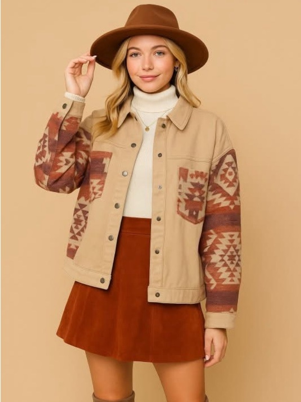 TIMING Tan Jacket with Rust Aztec Patterned Sleeves - Picture 2 of 10